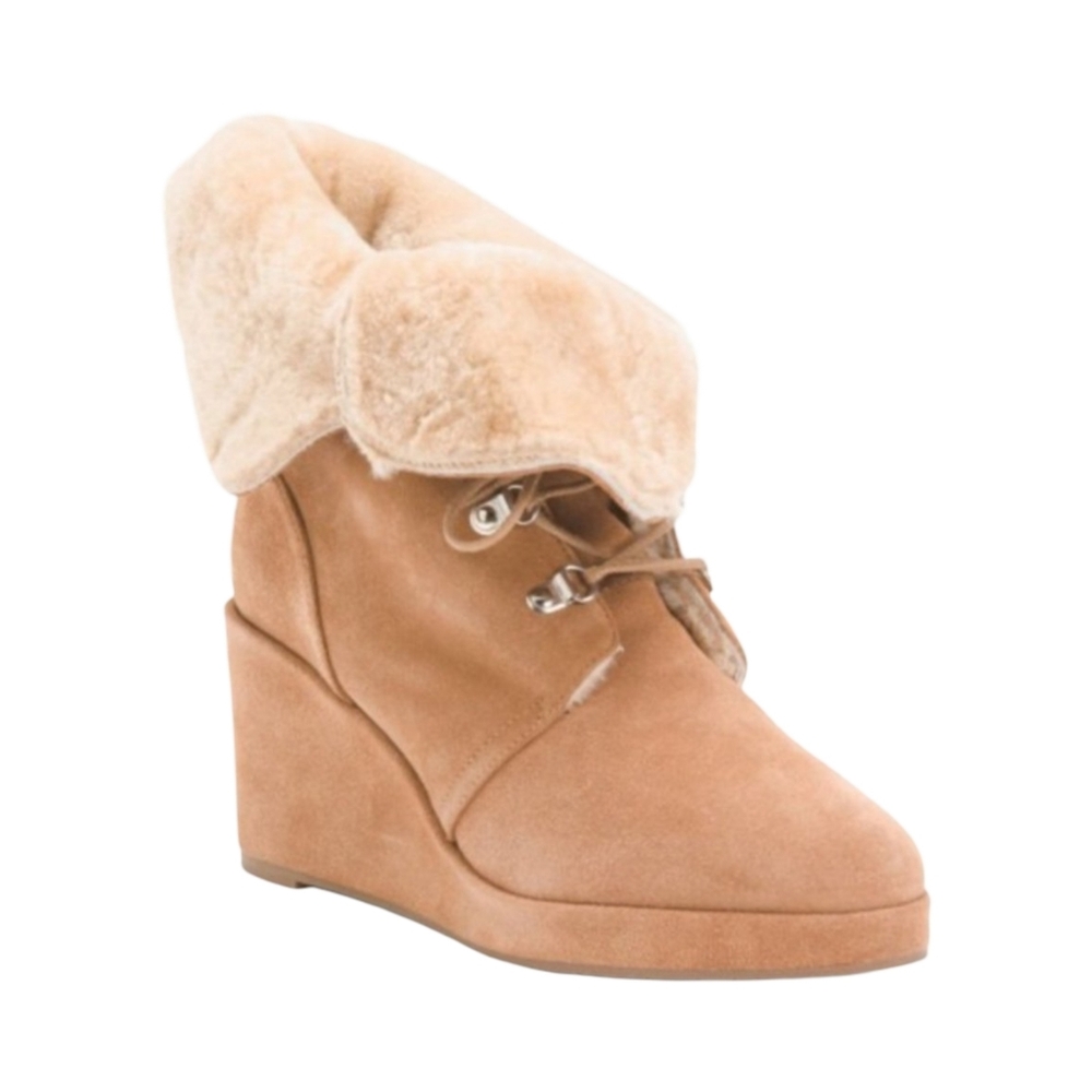 Aquatalia Womens Suede Shearling Fold Over Wedge Booties Camel Tan Lace Up